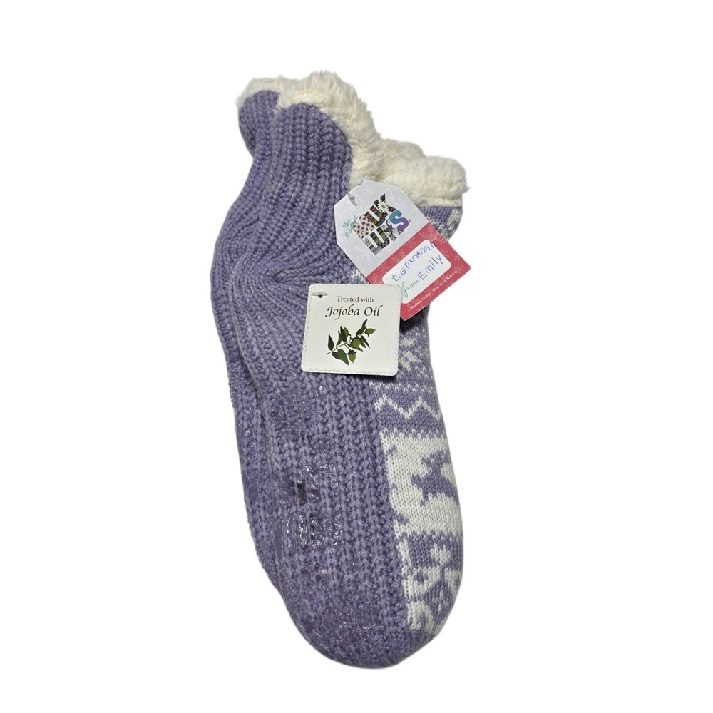 Muk Luks Slipper Socks Women S/M Purple Fair Isle Jojoba Infused Faux Fur